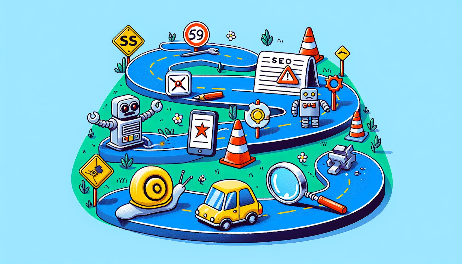 Illustration of common SEO mistakes as roadblocks on the path to success