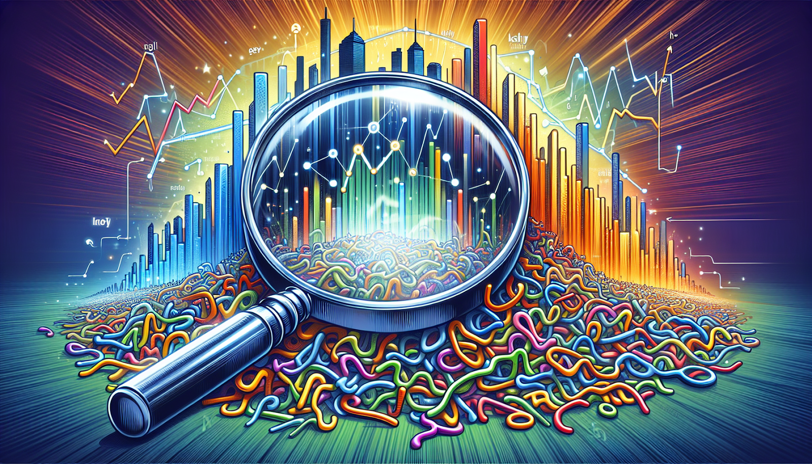 Illustration of keyword research process with magnifying glass and data analysis